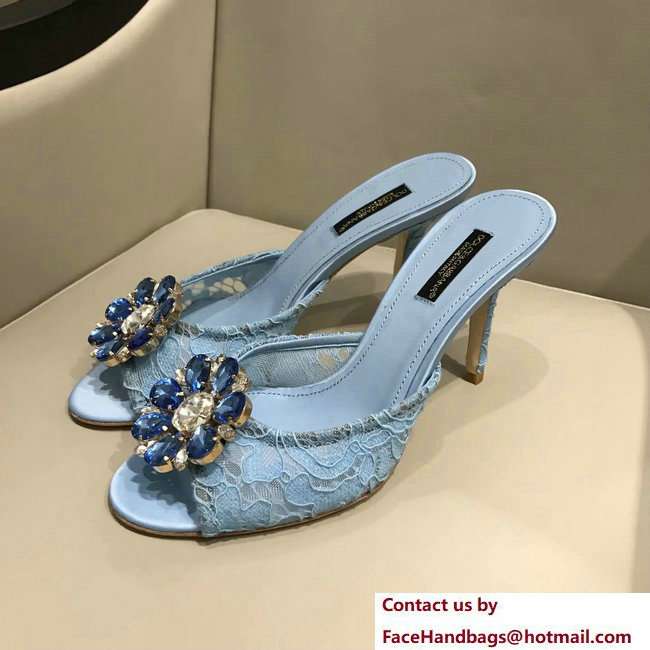 Dolce  &  Gabbana Heel 7cm Slippers Light Blue In Lace With Crystals 2018